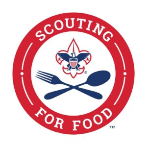 A circular logo with "Scouting for Food" written around the edge. In center: BSA logo and crossed fork and spoon.